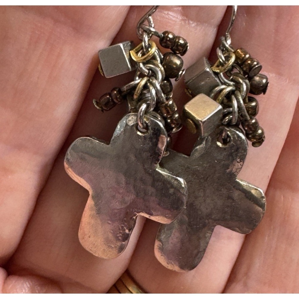 Mixed Metal Cross Dangle Earrings Silver Bronze Tone Hammered Boho Religious